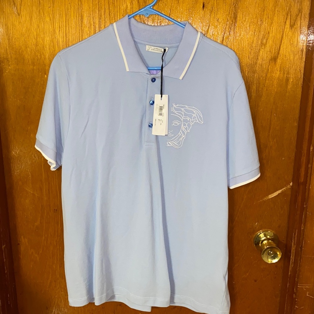 Versace Collection Polo Shirt XXL NWT Light Blue/White